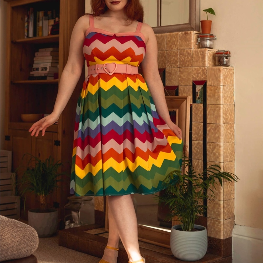 Collectif Dorothy Rainbow Chevron Swing Dress Pockets NWT US10 Modcloth